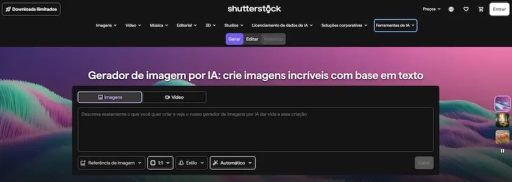Pagina do gerador de imagens com ia da Shutterstock