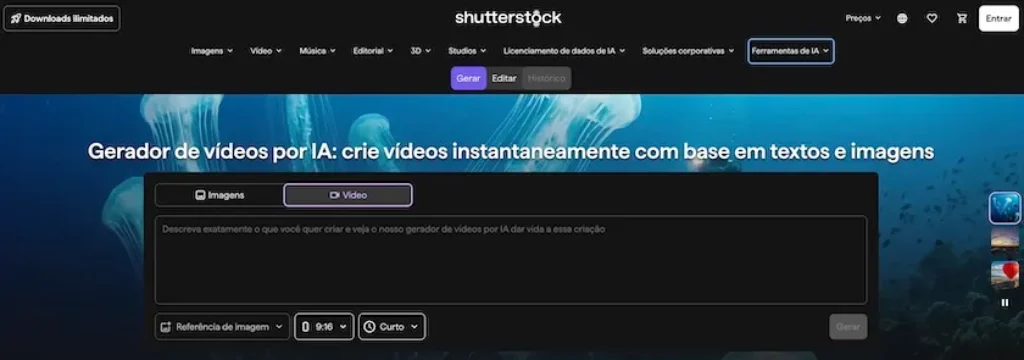 Pagina do gerador de video com ia da Shutterstock